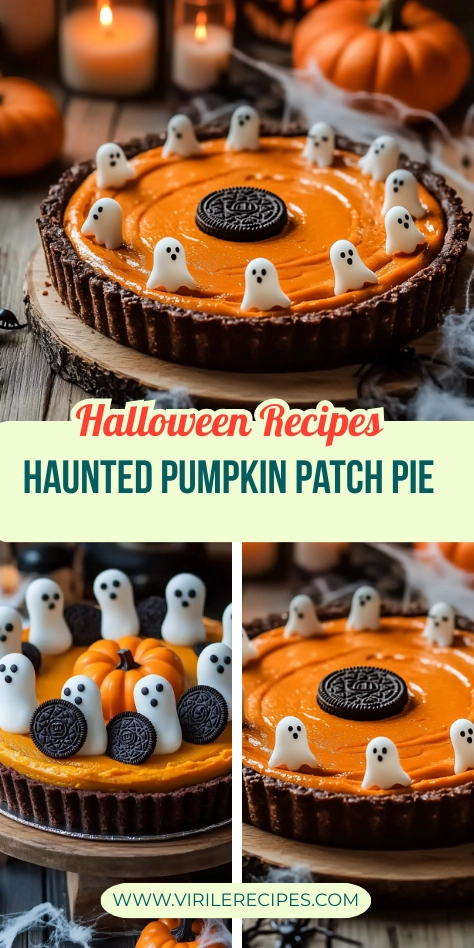A Halloween pumpkin tart with Oreo crust, decorated with ghost candies, orange pumpkins, and Oreo cookies, set against a rustic, fall-themed background.