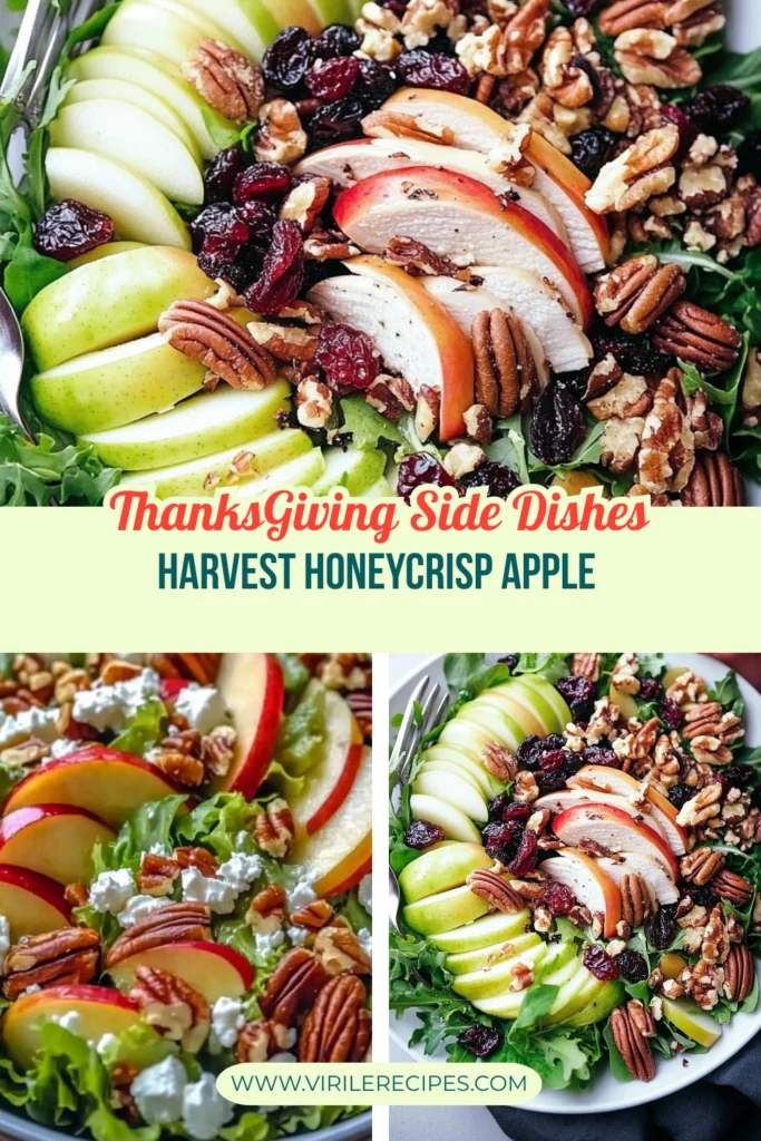 A fresh and colorful Thanksgiving side salad with sliced Honeycrisp apples, grilled chicken, pecans, dried cranberries, and mixed greens, arranged on a white plate.