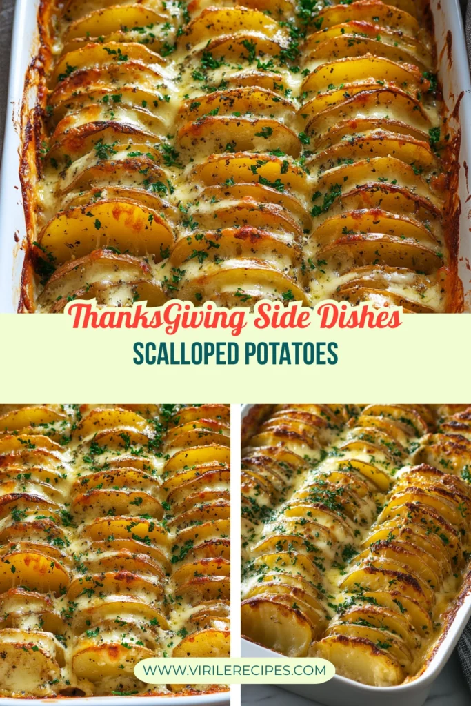 Thanksgiving side dish of scalloped potatoes, golden brown with cheese and parsley.