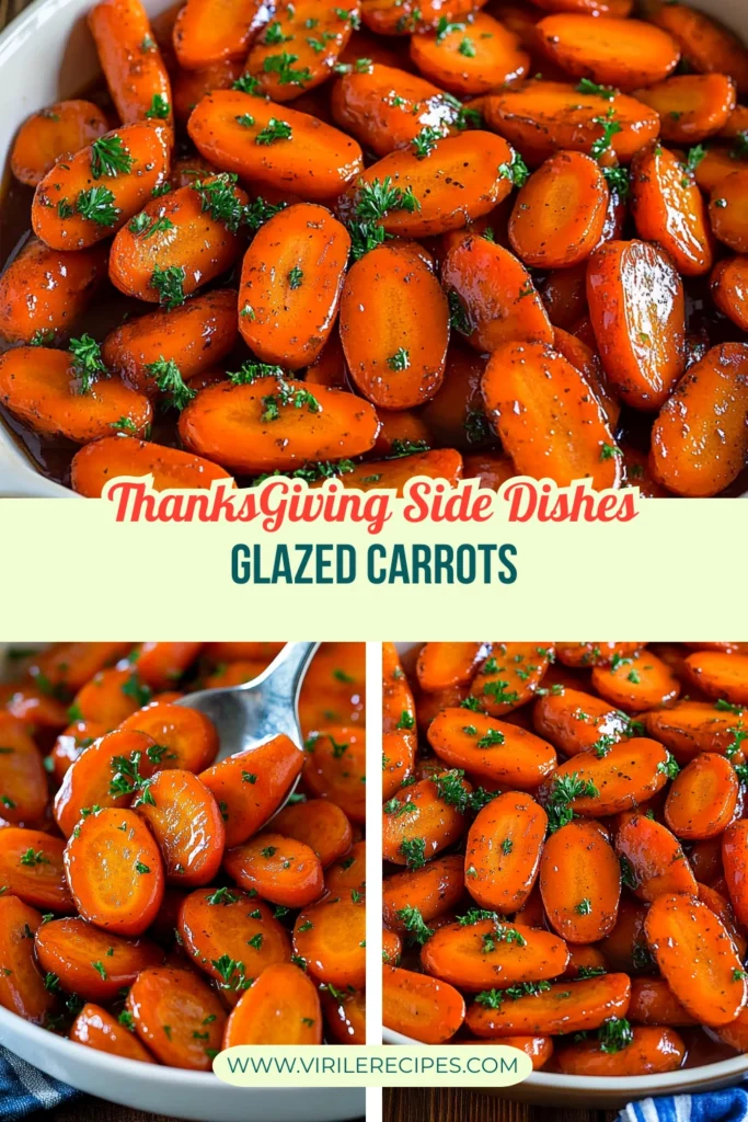 A collage of glazed carrots with parsley garnish in a white dish, including an image of a spoon lifting a portion of the dish, highlighting the glossy texture and vibrant orange color.