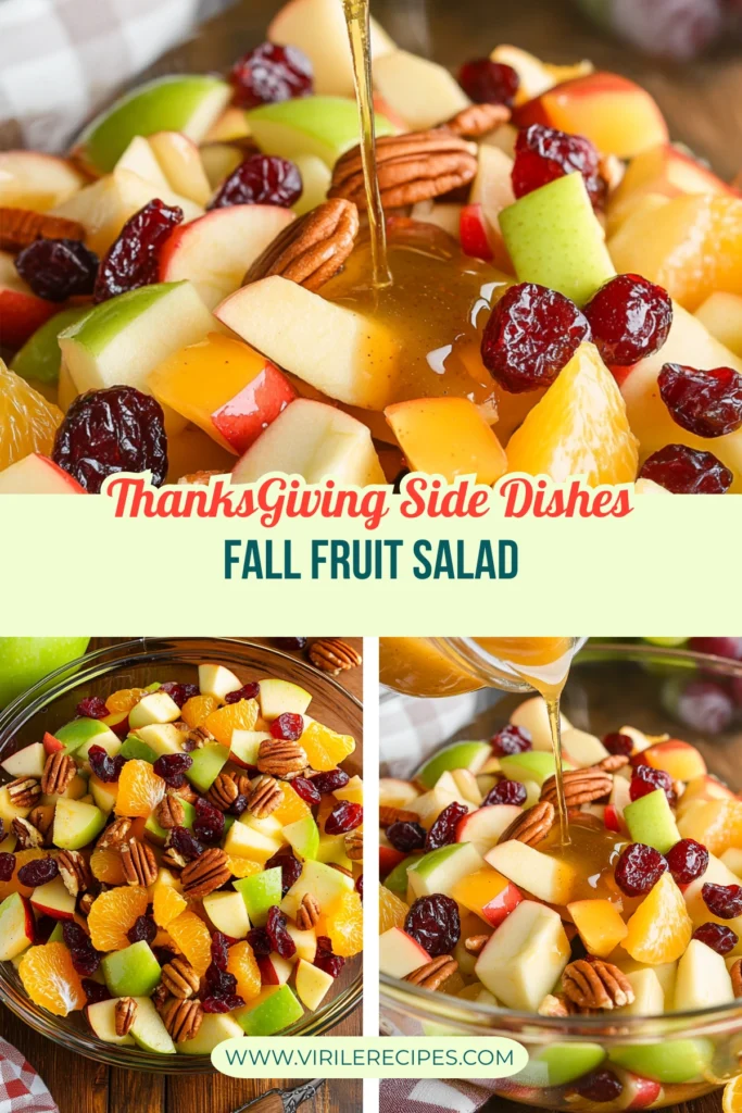 Hand pouring golden dressing over a fall fruit salad with apples, grapes, cranberries, orange slices, and pecans in a glass bowl.