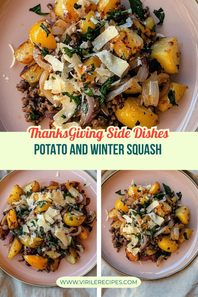 A Thanksgiving side dish featuring roasted potatoes, ground beef, yellow winter squash, sautéed onions, and topped with fresh herbs and Parmesan cheese, served on a pink plate.