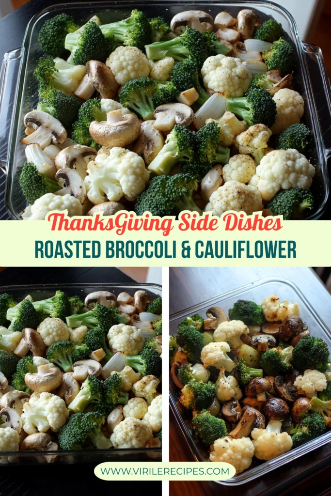A vibrant image of roasted broccoli, cauliflower, mushrooms, and onions in a glass dish, perfect for Thanksgiving side dishes. The vegetables are seasoned and roasted to perfection.