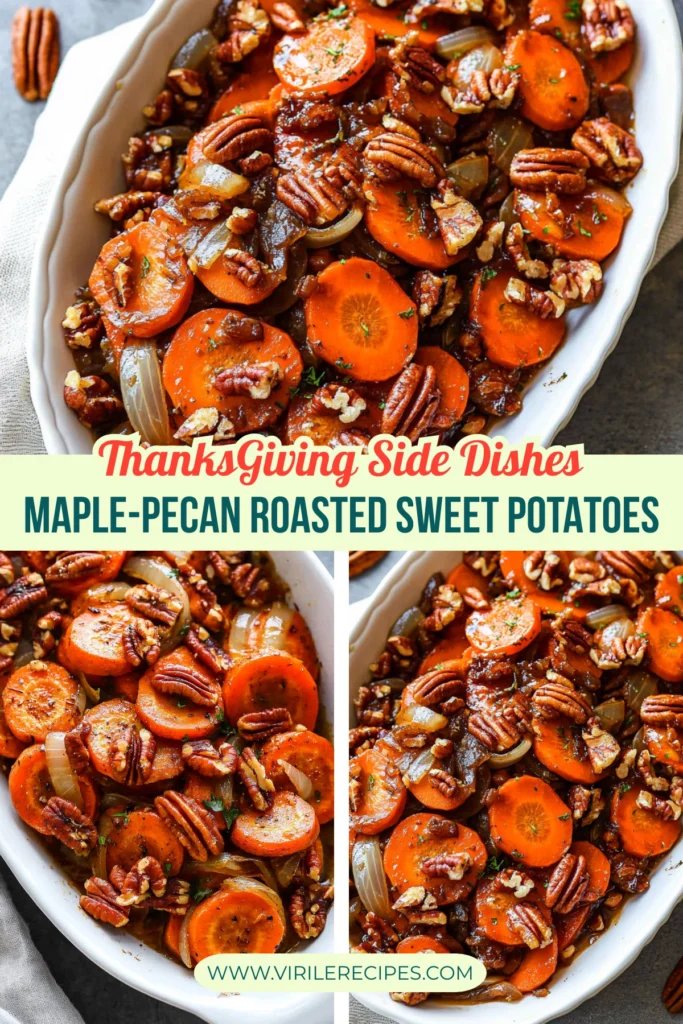 Maple-pecan roasted sweet potatoes and carrots with caramelized onions, served in a white dish, perfect for Thanksgiving.