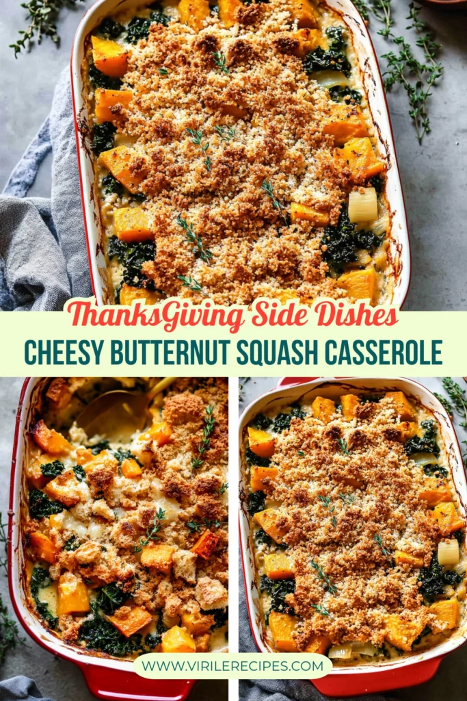 A close-up view of a casserole dish filled with roasted butternut squash, kale, and a crispy bread crumb topping, garnished with fresh thyme and a golden spoon resting on the side.