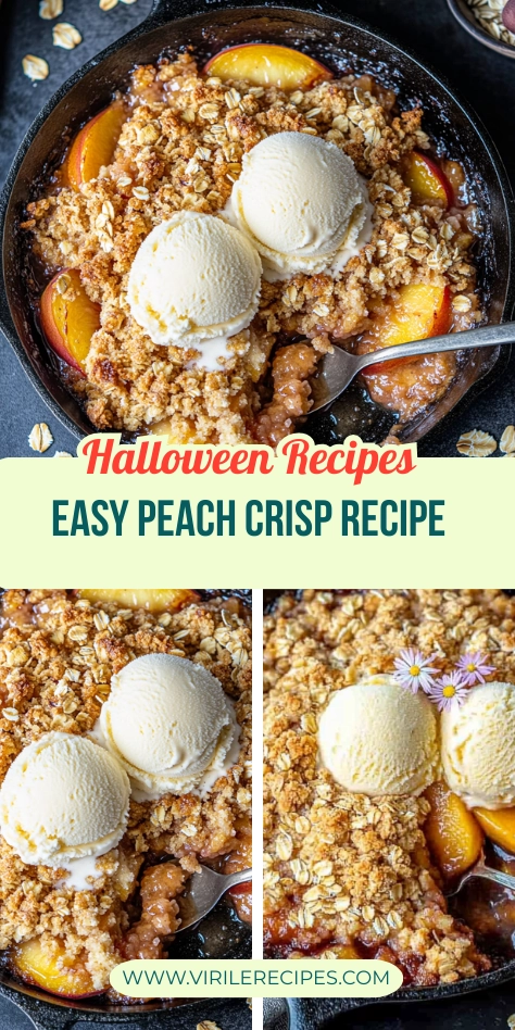 Close-up of a warm peach crisp with vanilla ice cream and floral garnish in a cast iron skillet, with a Halloween recipe banner.