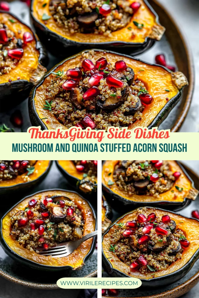 Roasted acorn squash halves stuffed with quinoa and mushrooms, topped with pomegranate seeds and thyme, with a fork placed in the dish, featuring a "Thanksgiving Side Dishes" banner.