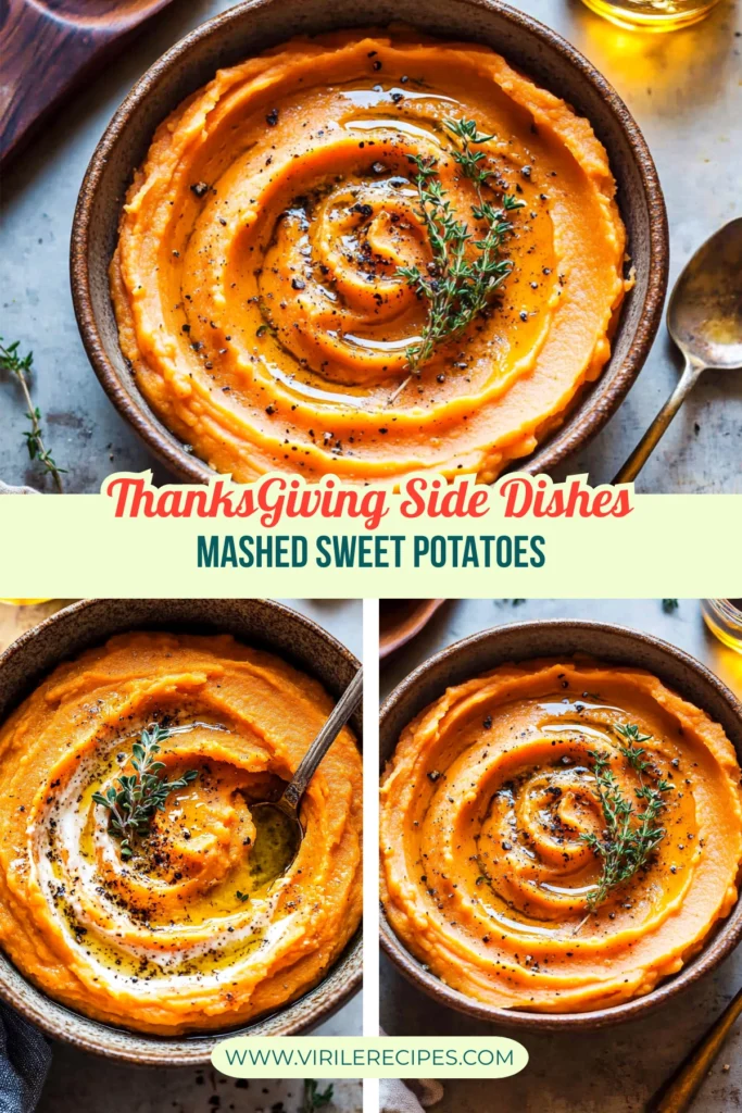 A bowl of creamy mashed sweet potatoes, swirled with fresh thyme, black pepper, and olive oil, with a stylish text overlay for Thanksgiving side dishes.