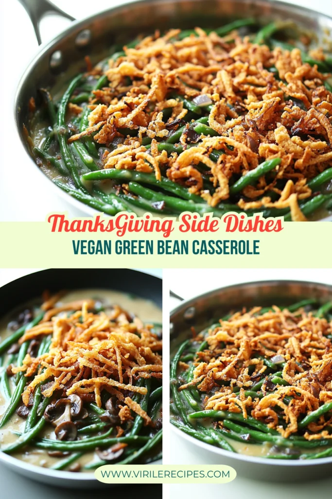 Vegan green bean casserole with crispy fried onions and creamy mushroom sauce