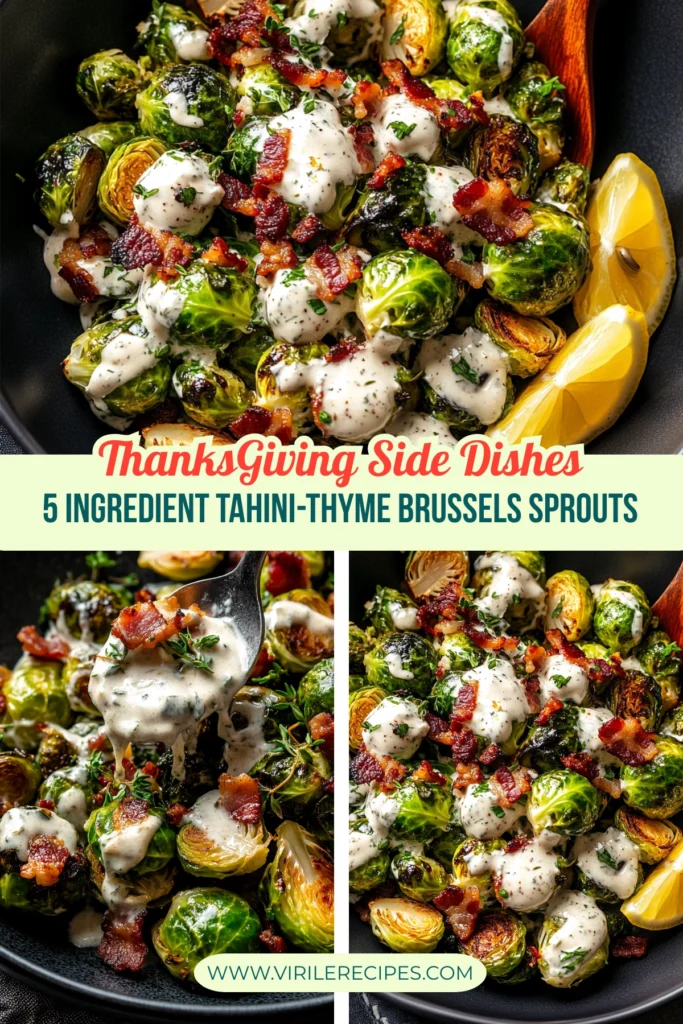 Brussels sprouts with creamy tahini-thyme sauce, crispy bacon, and fresh herbs in a black bowl, with a spoonful being lifted.
