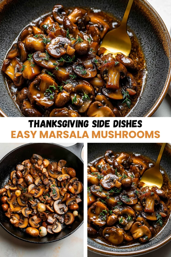 A collage of three images featuring Easy Marsala Mushrooms: a close-up in a rustic bowl with a golden spoon, sizzling in a cast iron skillet, and a detailed shot with a glossy sauce and fresh thyme.