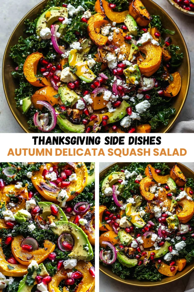 A vibrant autumn delicata squash salad featuring roasted delicata squash, avocado, pomegranate seeds, crumbled feta, and sliced red onions on a bed of kale, seasoned with fresh herbs and pepper.