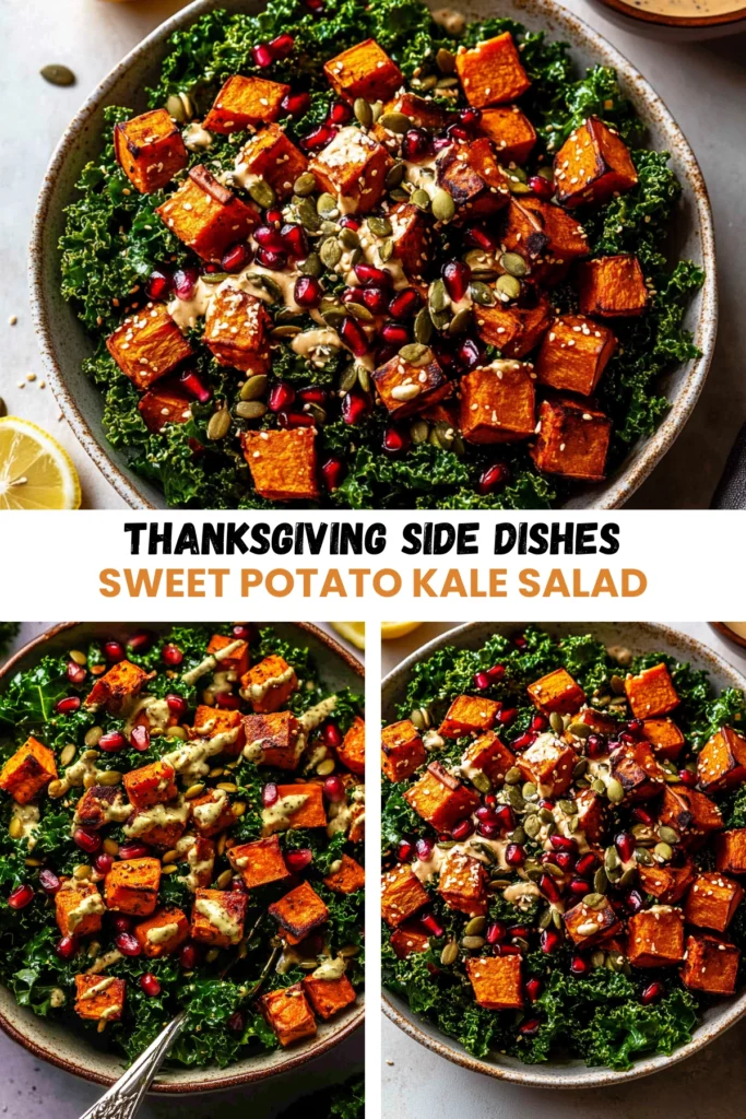 Thanksgiving side dish sweet potato kale salad with roasted sweet potatoes, pomegranate, pumpkin seeds, and tahini dressing.