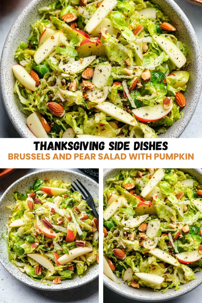 A close-up image of a Brussels sprouts and pear salad with pumpkin, almonds, and black pepper in a speckled white bowl.