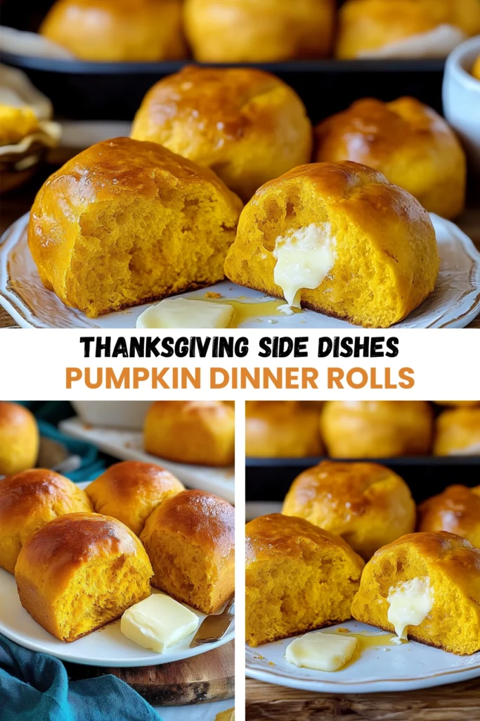 Golden pumpkin dinner rolls with butter, served warm on plates for Thanksgiving.