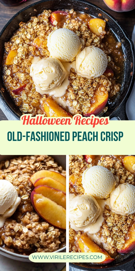 Old-fashioned peach crisp with vanilla ice cream, featuring a golden oat topping, juicy peach slices, and a Halloween-themed text overlay.