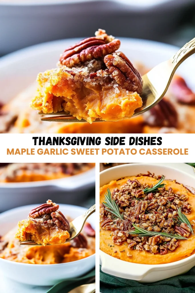 Maple garlic sweet potato casserole with pecan streusel topping, served with fresh rosemary garnishing the top, and a golden fork lifting a bite.