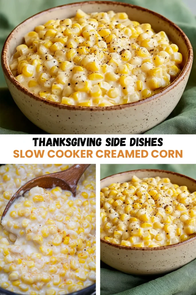 Trio of images showing slow cooker creamed corn being stirred, served in a rustic bowl, and topped with black pepper.