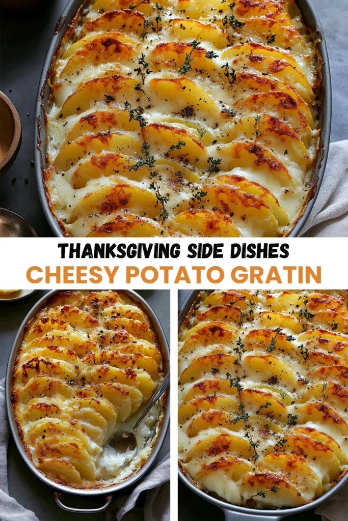 A close-up of cheesy potato gratin with golden crispy potato layers, topped with fresh thyme and cracked black pepper, served in a baking dish.