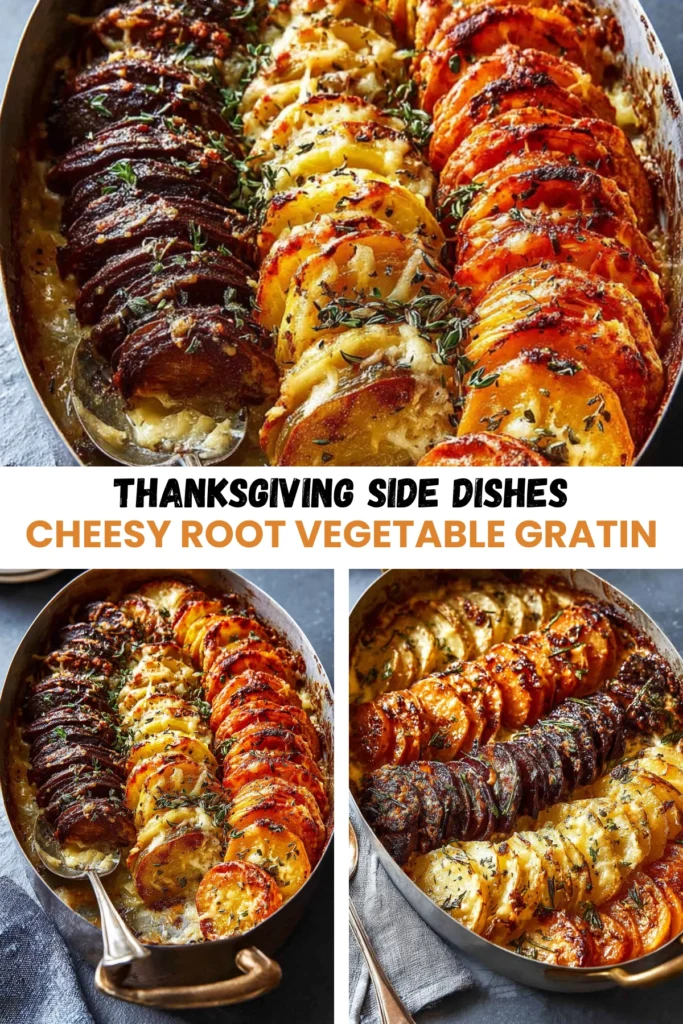 A beautifully roasted cheesy root vegetable gratin featuring thinly sliced potatoes, turnips, and rutabaga arranged in a spiral, topped with melted cheese and garnished with thyme.
