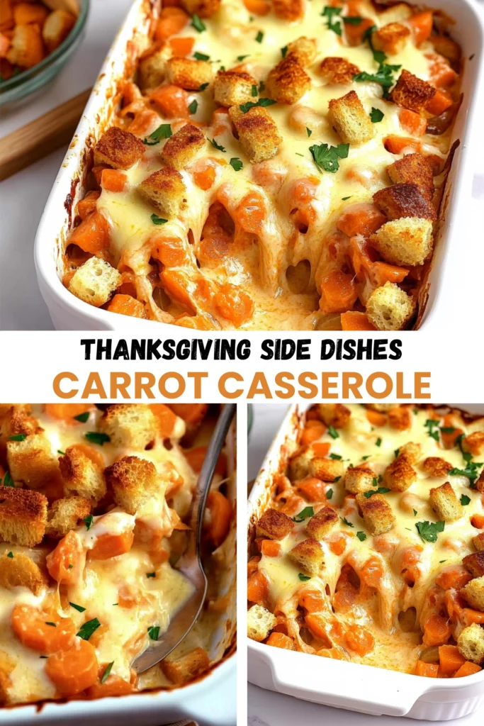A close-up view of a Thanksgiving carrot casserole with melted cheese, crispy croutons, and a sprinkle of parsley, served in a white baking dish.