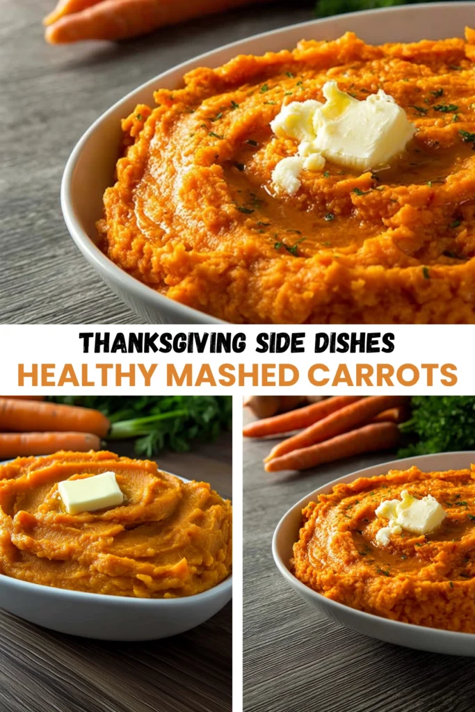 Healthy mashed carrots with butter and parsley in a bowl with fresh carrots in the background.
