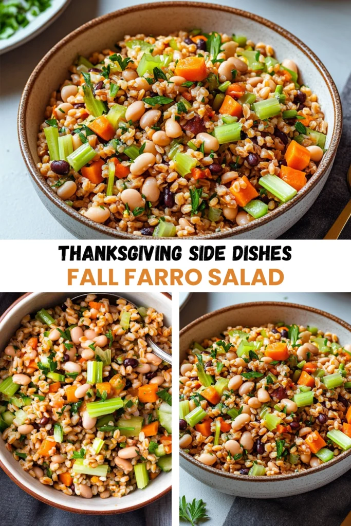 A rustic fall farro salad with roasted carrots, celery, white beans, and parsley in a ceramic bowl, placed on a wooden table with cozy autumn vibes.