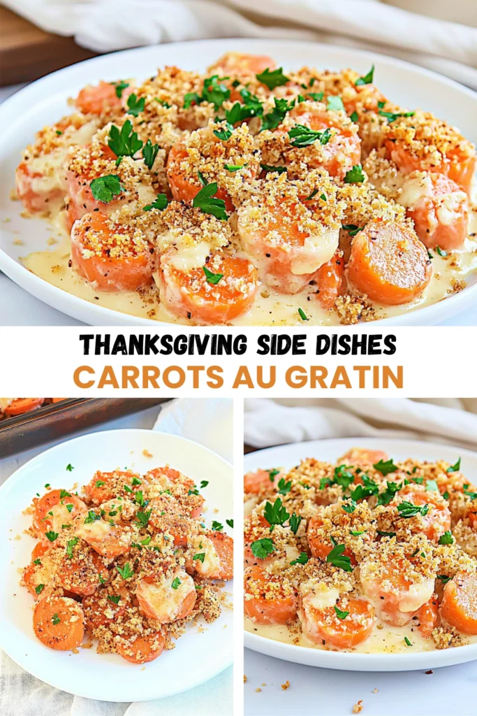 Carrots au gratin topped with crispy breadcrumbs, melted cheese, and fresh parsley for a delicious Thanksgiving side dish.