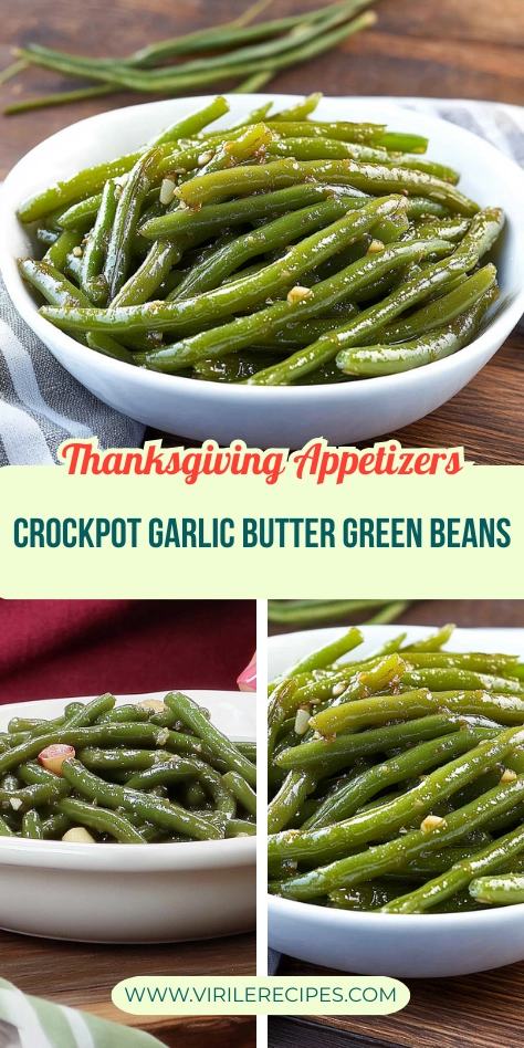 Delicious crockpot garlic butter green beans served in a white bowl, showcasing their glossy texture and vibrant green color with a soft Thanksgiving-themed background.