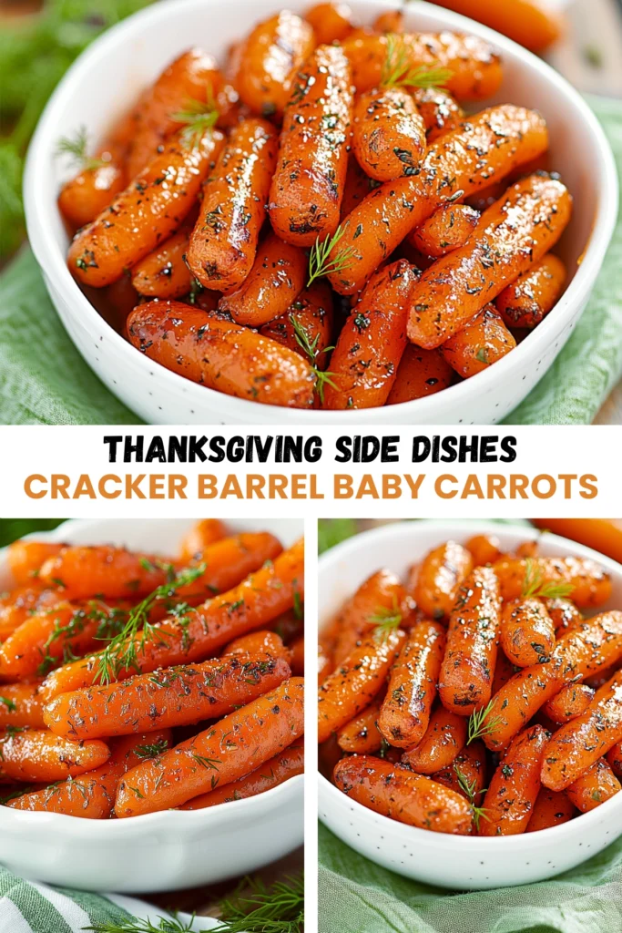 Collage of glazed roasted baby carrots in white bowls with fresh herbs, styled as a Thanksgiving side dish.