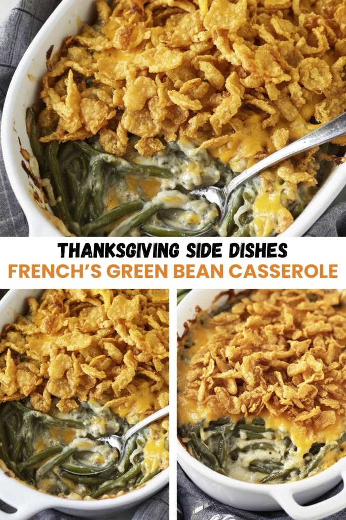 Thanksgiving green bean casserole with cheddar cheese and crispy fried onions in a white baking dish.
