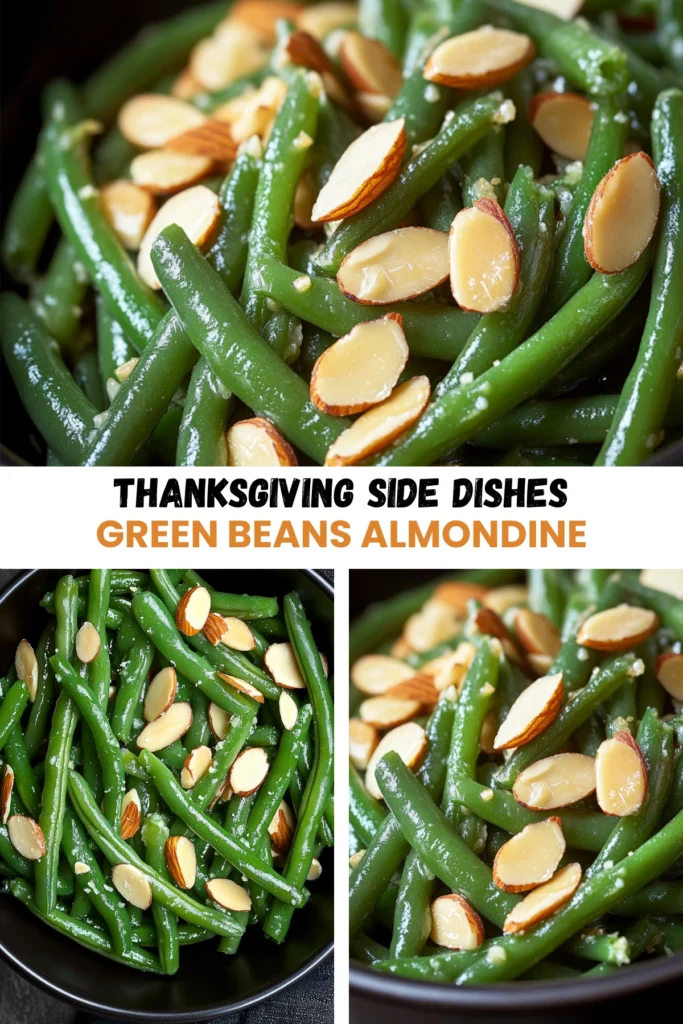Collage of green beans almondine with fresh green beans and toasted almonds, styled as a Thanksgiving side dish.