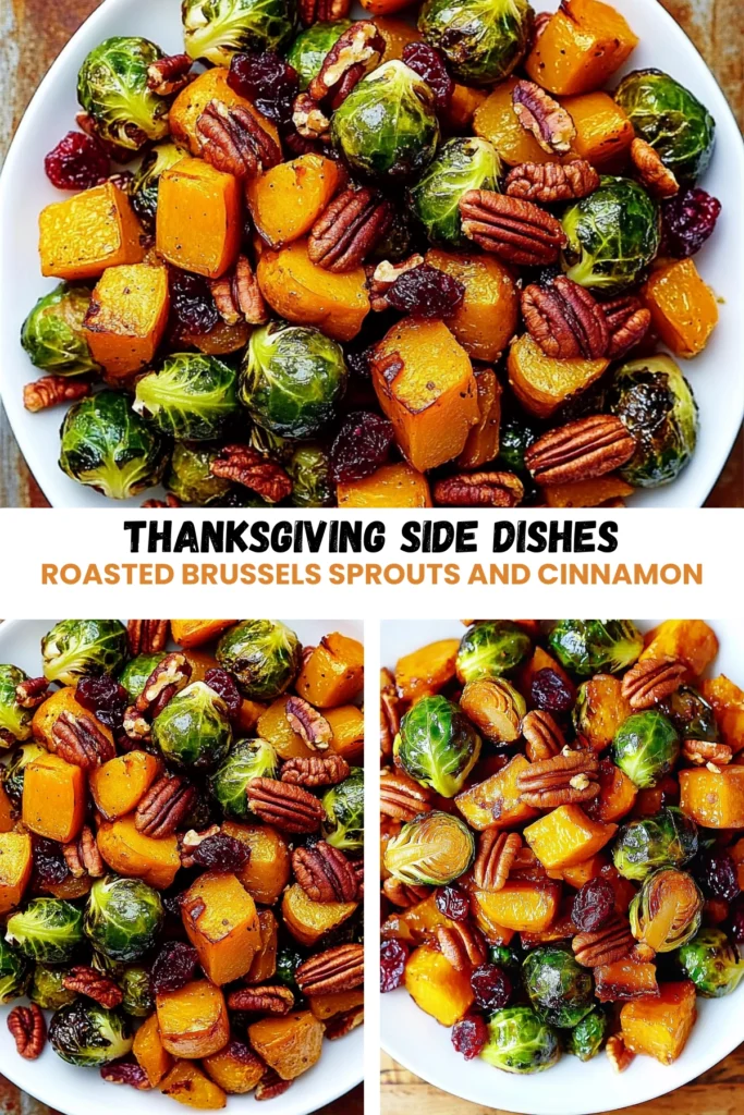 Thanksgiving roasted Brussels sprouts with butternut squash, pecans, cranberries, and cinnamon on a white plate.