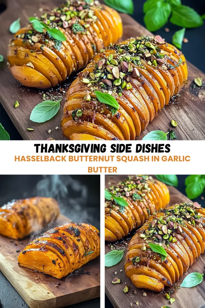 Thanksgiving hasselback butternut squash with garlic butter, pistachios, and basil on a serving board.