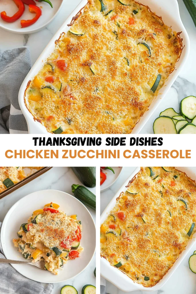 Thanksgiving chicken zucchini casserole with golden cheese topping, served on a white plate with vegetables on the side.