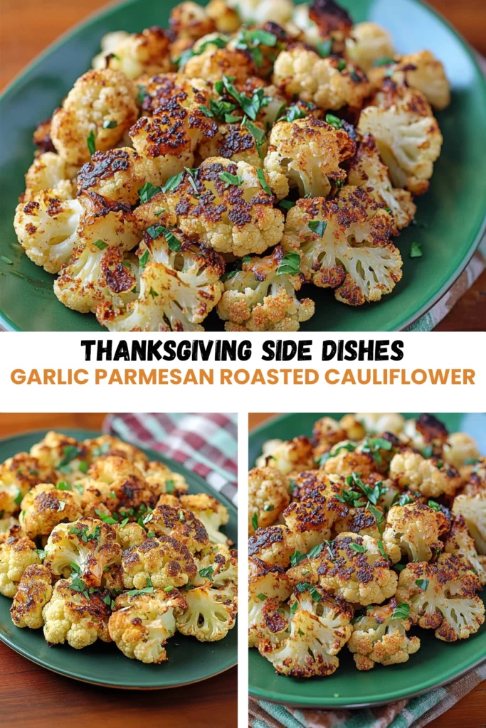 Garlic Parmesan roasted cauliflower served on a green platter with golden crispy florets and fresh parsley, perfect for Thanksgiving side dishes.