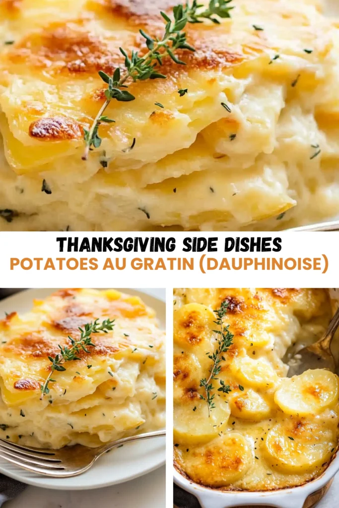Thanksgiving potatoes au gratin with creamy layers, golden cheese crust, and fresh thyme garnish