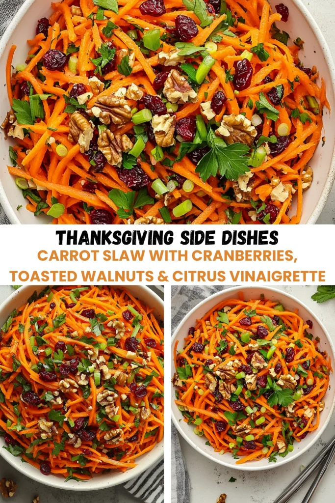 Thanksgiving carrot slaw with cranberries, walnuts, parsley, and citrus vinaigrette served in white bowls.