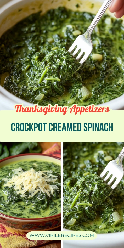 A close-up of creamy spinach being served with a fork from a crockpot, with a second shot of spinach topped with shredded cheese, featuring vibrant green color and smooth texture.