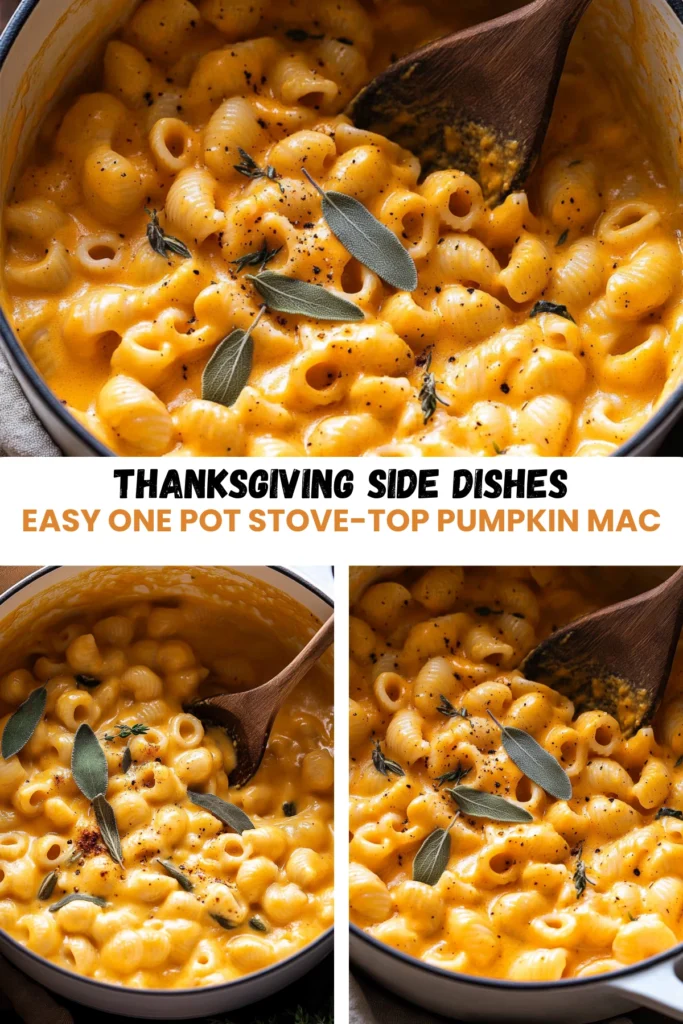 Collage of creamy pumpkin mac and cheese in a white pot with sage leaves, perfect as a Thanksgiving side dish.