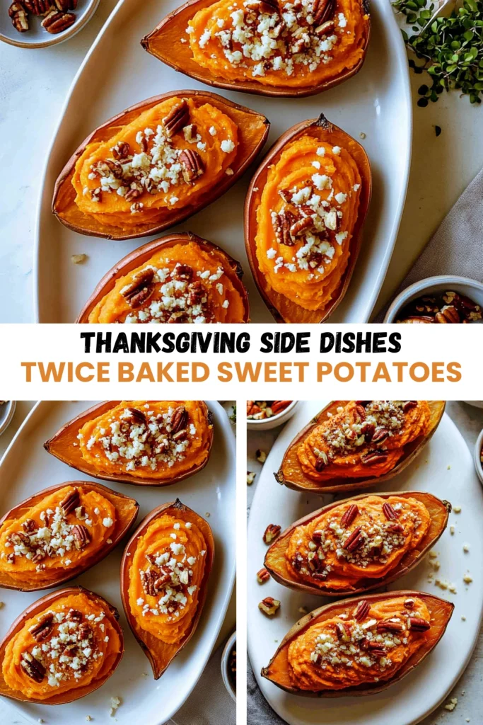 Close-up of twice-baked sweet potatoes with whipped filling, topped with pecans and cheese, served on a platter for Thanksgiving.