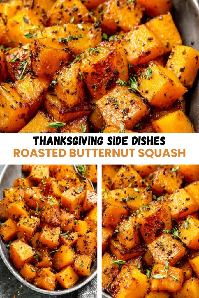 Collage of roasted butternut squash cubes with herbs, crispy caramelized edges, and text overlay for Thanksgiving side dish recipe.