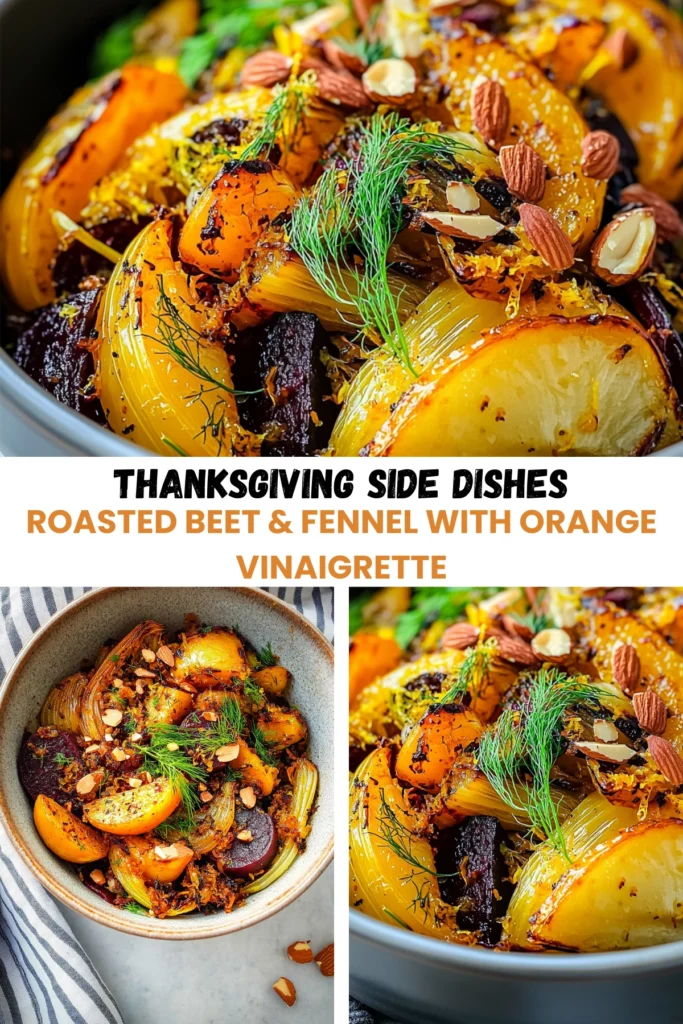 Thanksgiving roasted beet and fennel salad with orange vinaigrette, almonds, and dill served in rustic bowls.