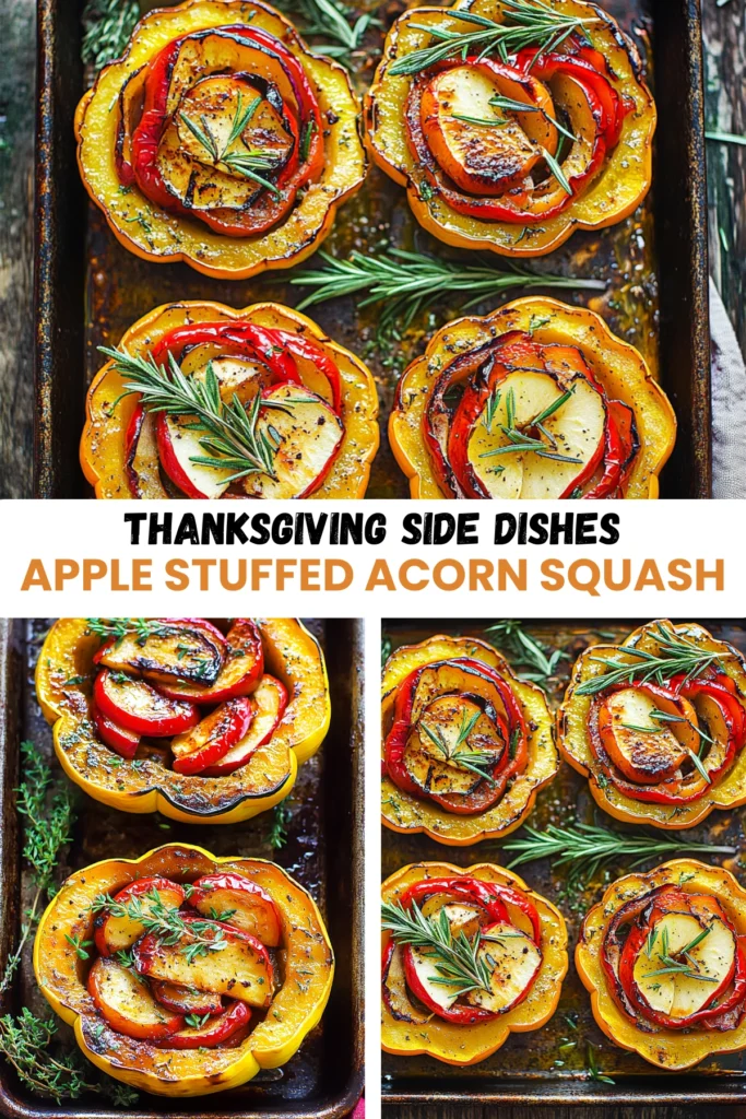 Thanksgiving side dish of roasted acorn squash stuffed with apples, peppers, and rosemary.