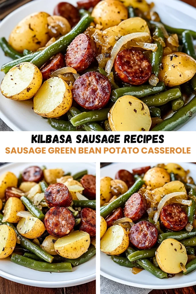 Collage of sausage, green bean, and potato casserole served on white plates with caramelized onions