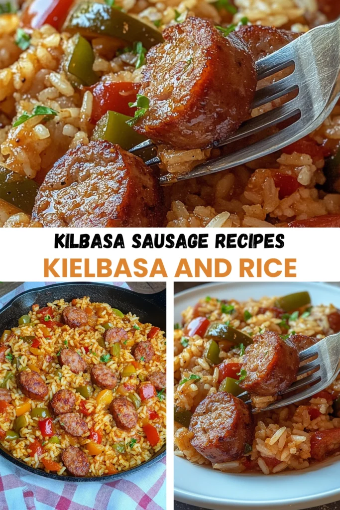 Collage of Kielbasa sausage and rice dishes with skillet, plate, and close-up forkful of sausage.