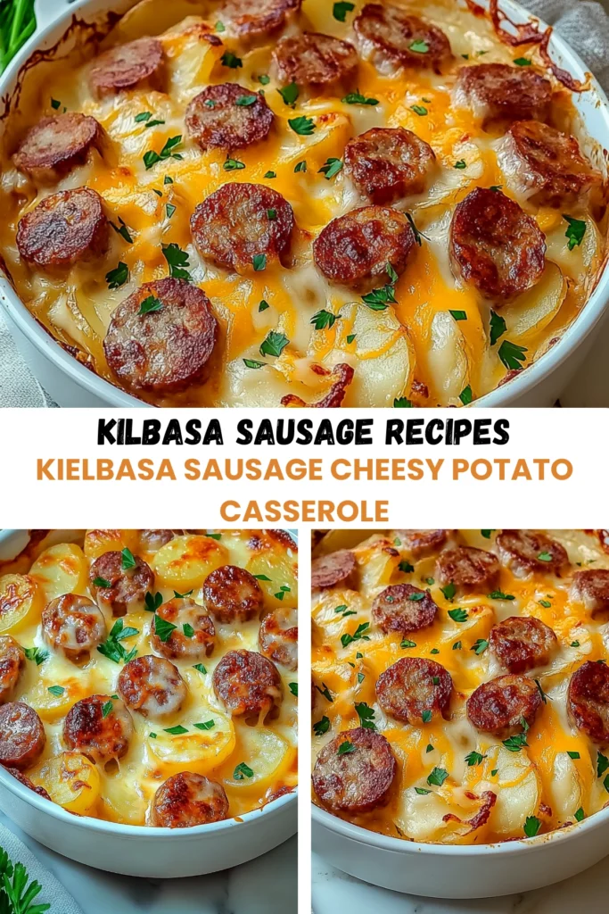 Kielbasa sausage cheesy potato casserole baked with melted cheese and parsley garnish.