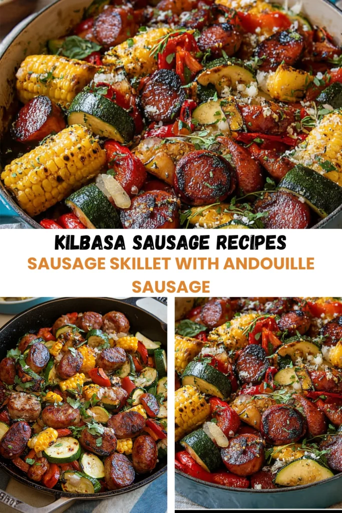 Collage of smoked sausage skillet recipes with corn, zucchini, and peppers in rustic pans with recipe title text overlay.