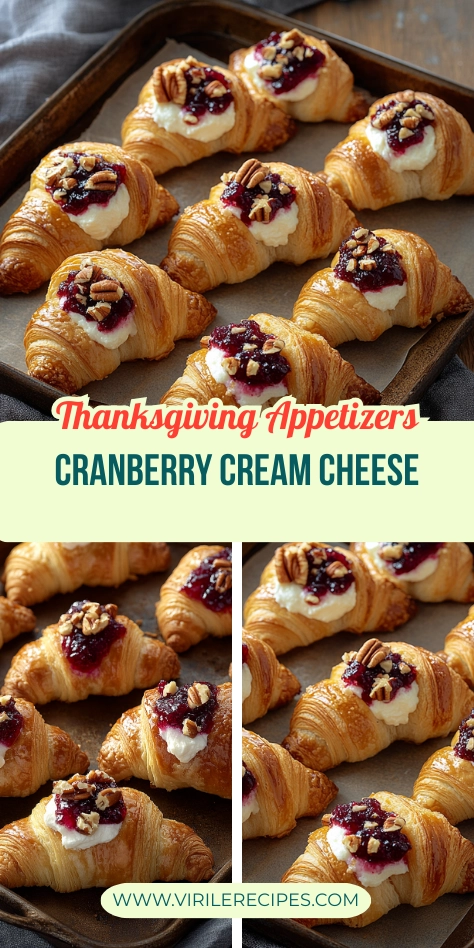 Close-up of croissants filled with cream cheese, topped with cranberry jam and pecans on a rustic tray.