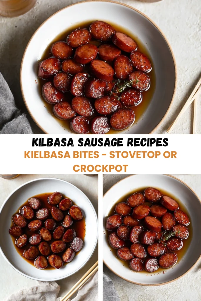Collage of kielbasa sausage bites served in bowls with sauce, styled with rustic napkins and cocktail picks.